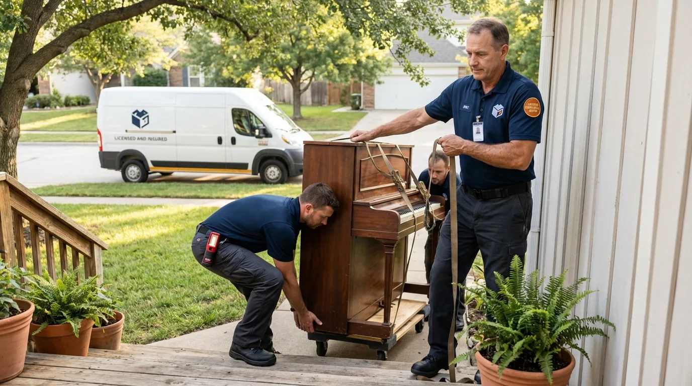 Licensed piano movers securing grand piano in Clio, AL