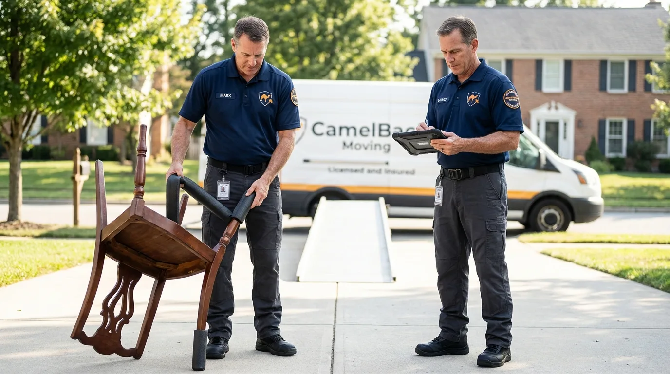Movers inspecting furniture for damage prevention before loading in Clio, AL