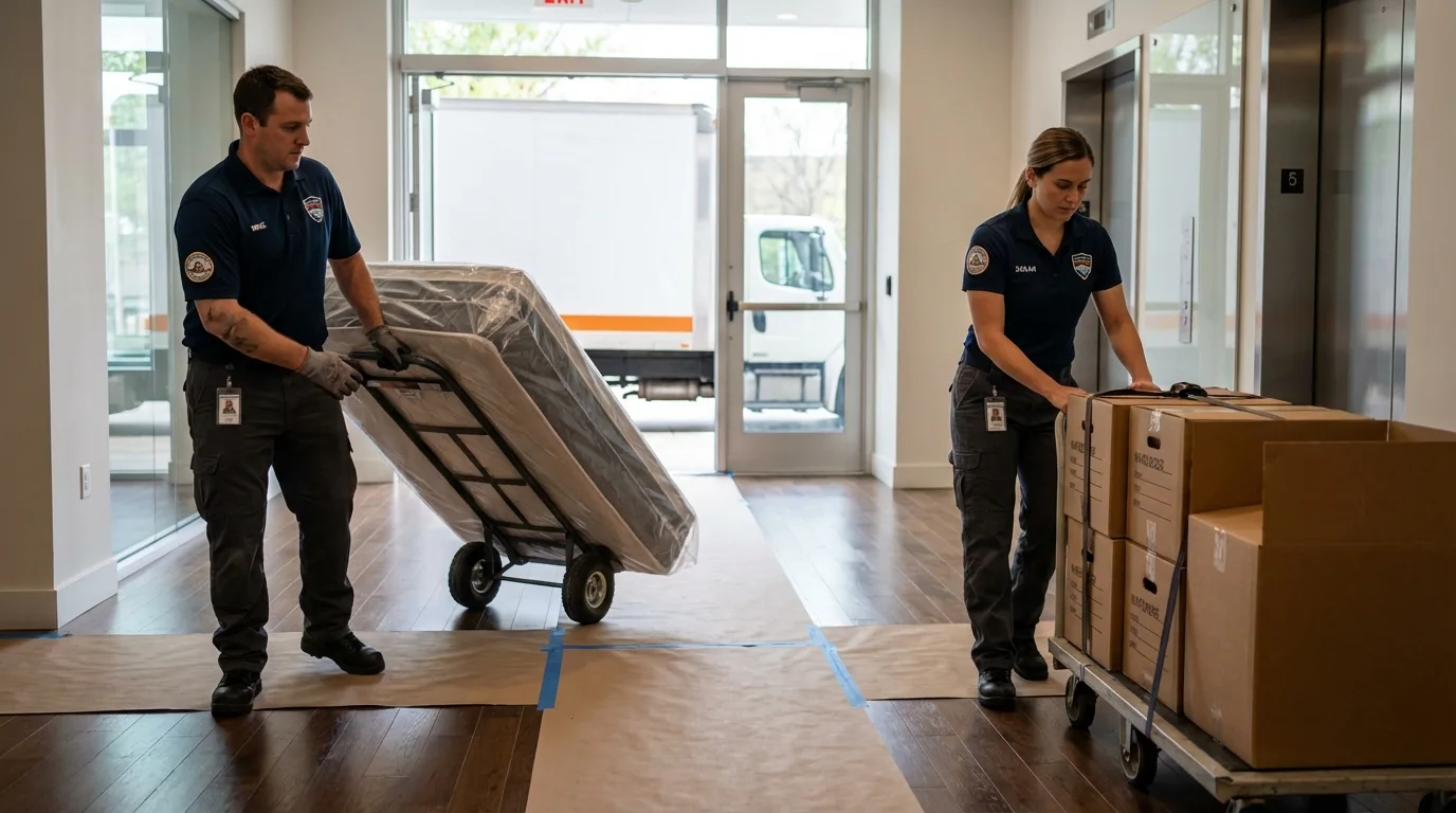 Professional apartment movers loading elevator in Clio, AL